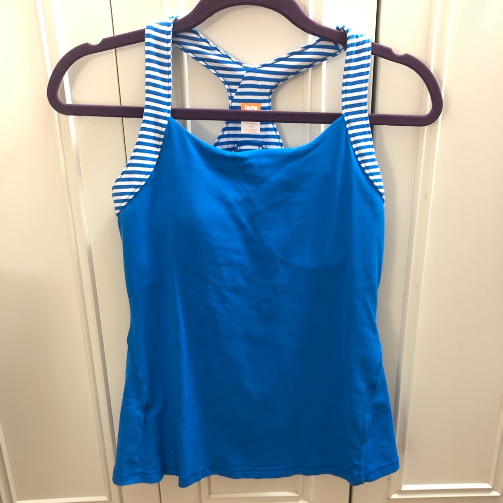 Lucy Crossback Tank Top Shirt Womens Workout Shirt Padded Bra Medium Blue Zipper